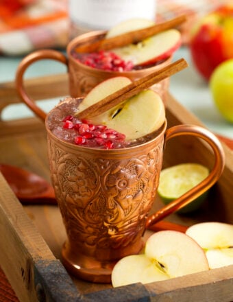 Apple cider Moscow mule in copper mugs