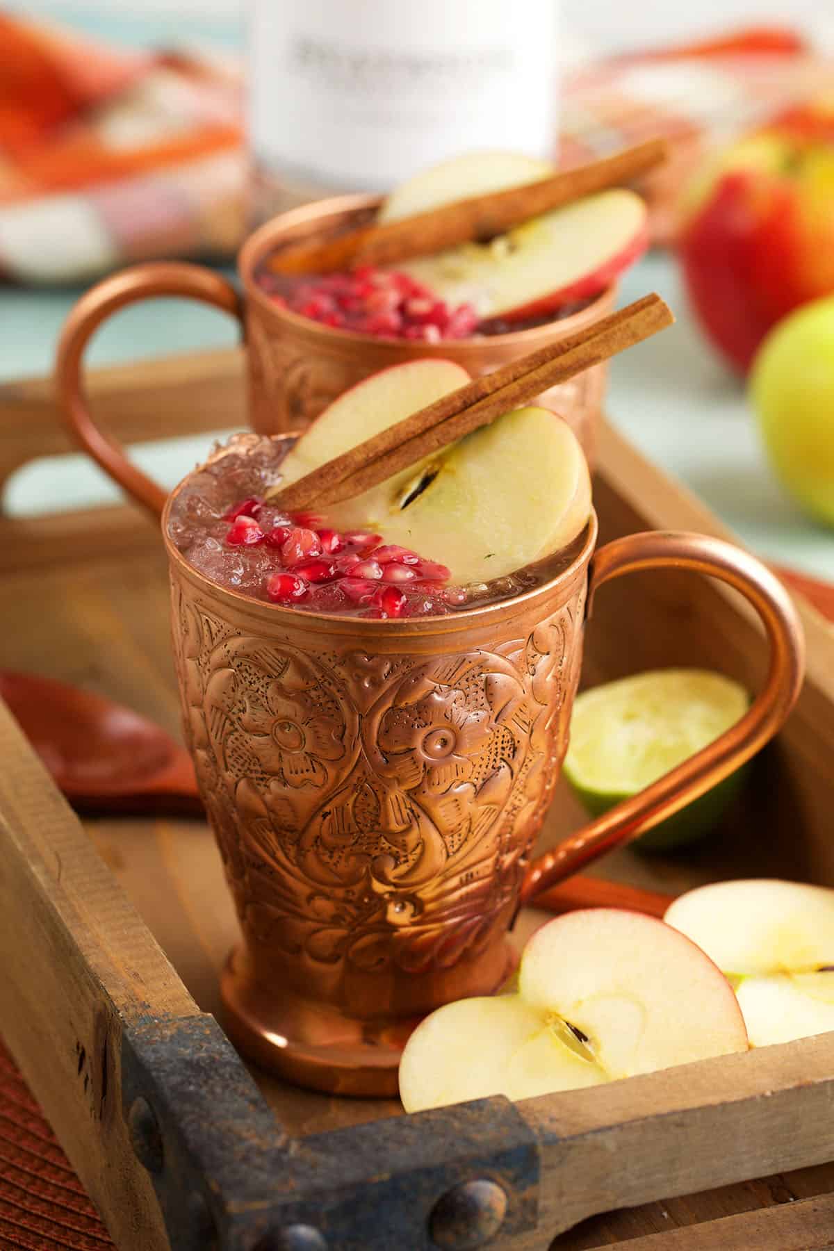 Apple cider Moscow mule in copper mugs