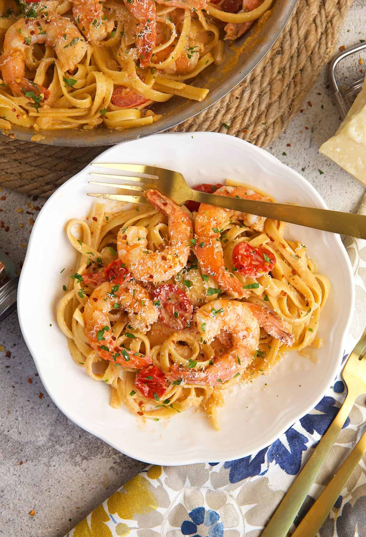 Overhead view of Cajun shrimp pasta on plate