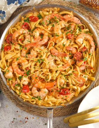 Skillet of Cajun shrimp pasta