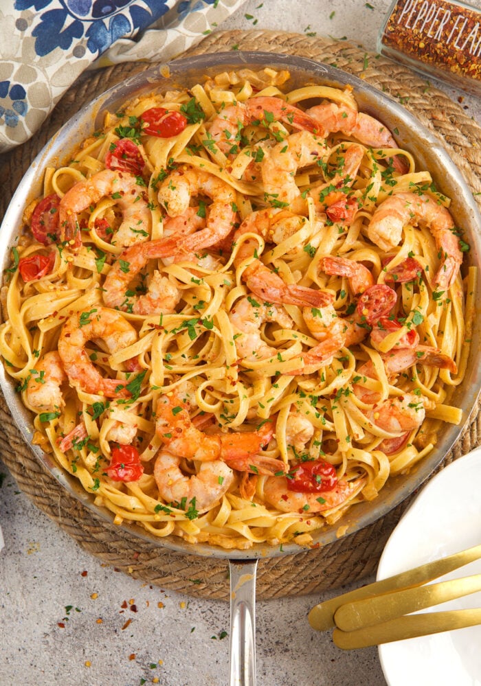 Skillet of Cajun shrimp pasta