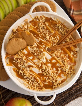 Overhead view of caramel apple dip in dish