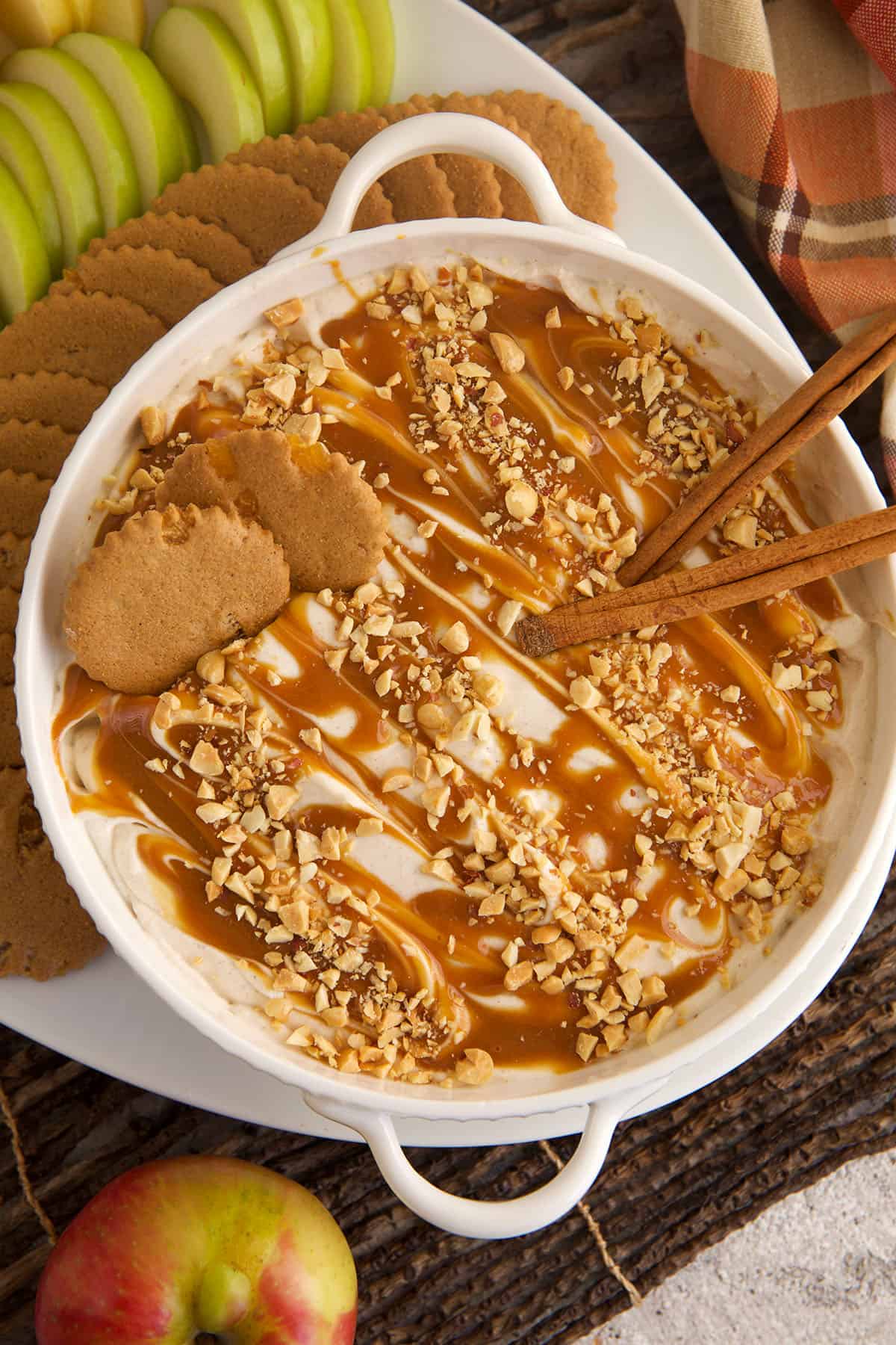 Overhead view of caramel apple dip in dish