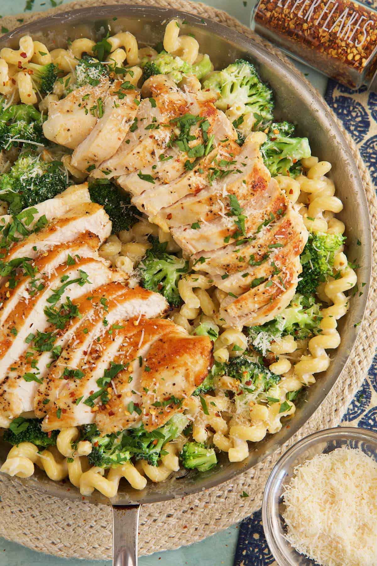 Chicken and broccoli pasta in pan