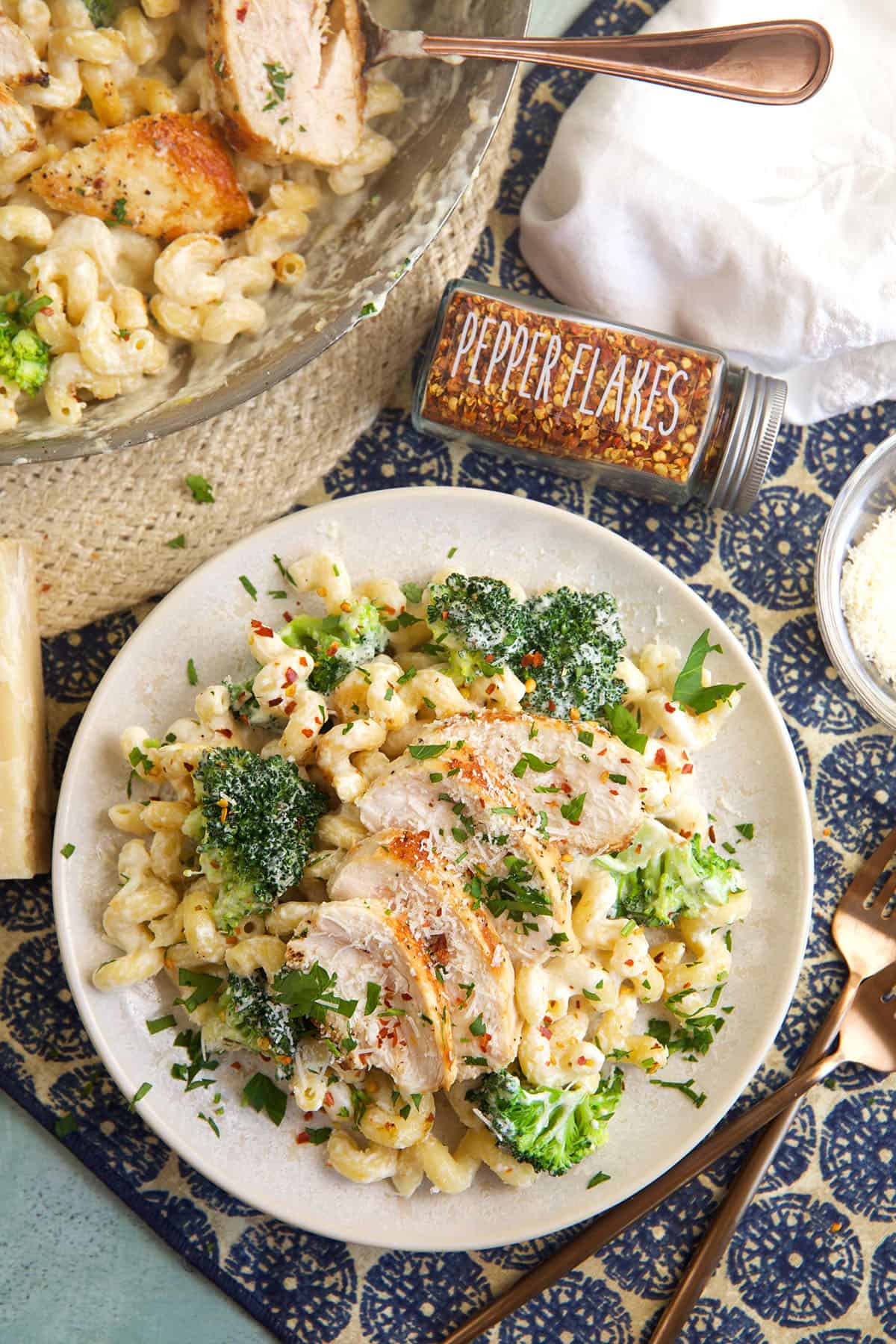 Creamy chicken and broccoli pasta on plate