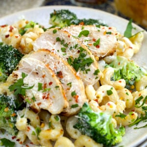 Chicken and broccoli pasta on plate