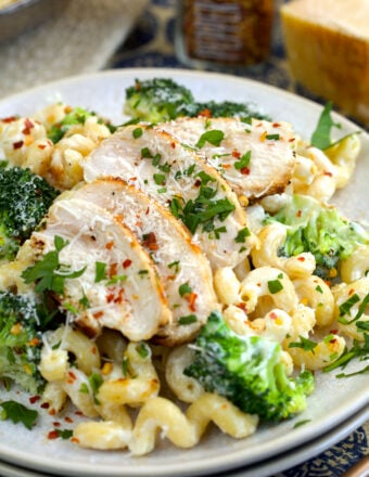 Chicken and broccoli pasta on plate