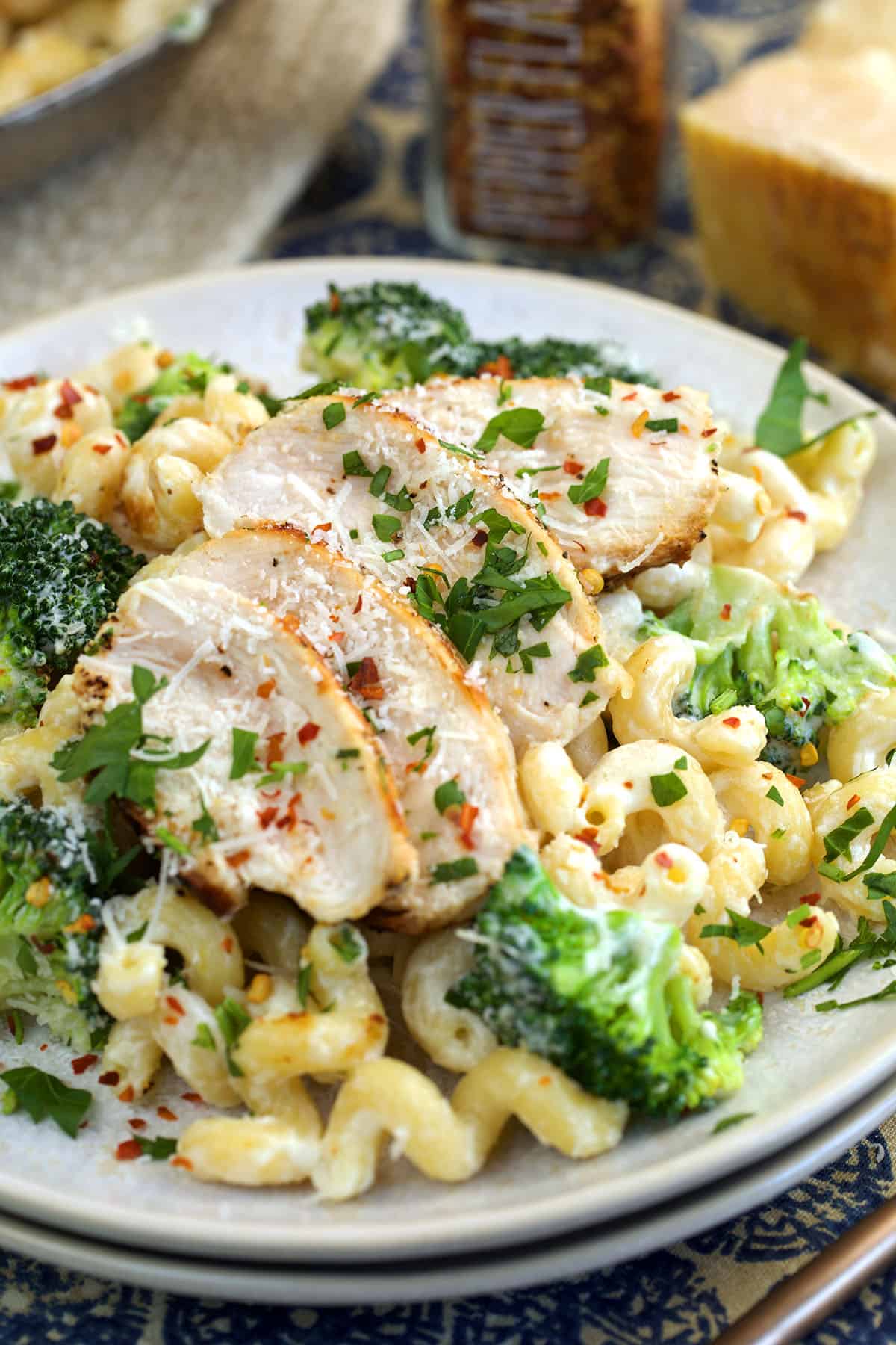 Chicken and broccoli pasta on plate