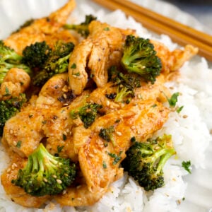 Chicken and broccoli stir fry over rice