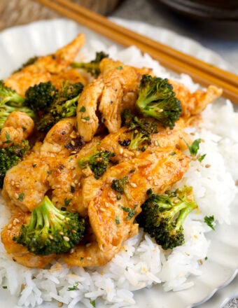 Chicken and broccoli stir fry over rice