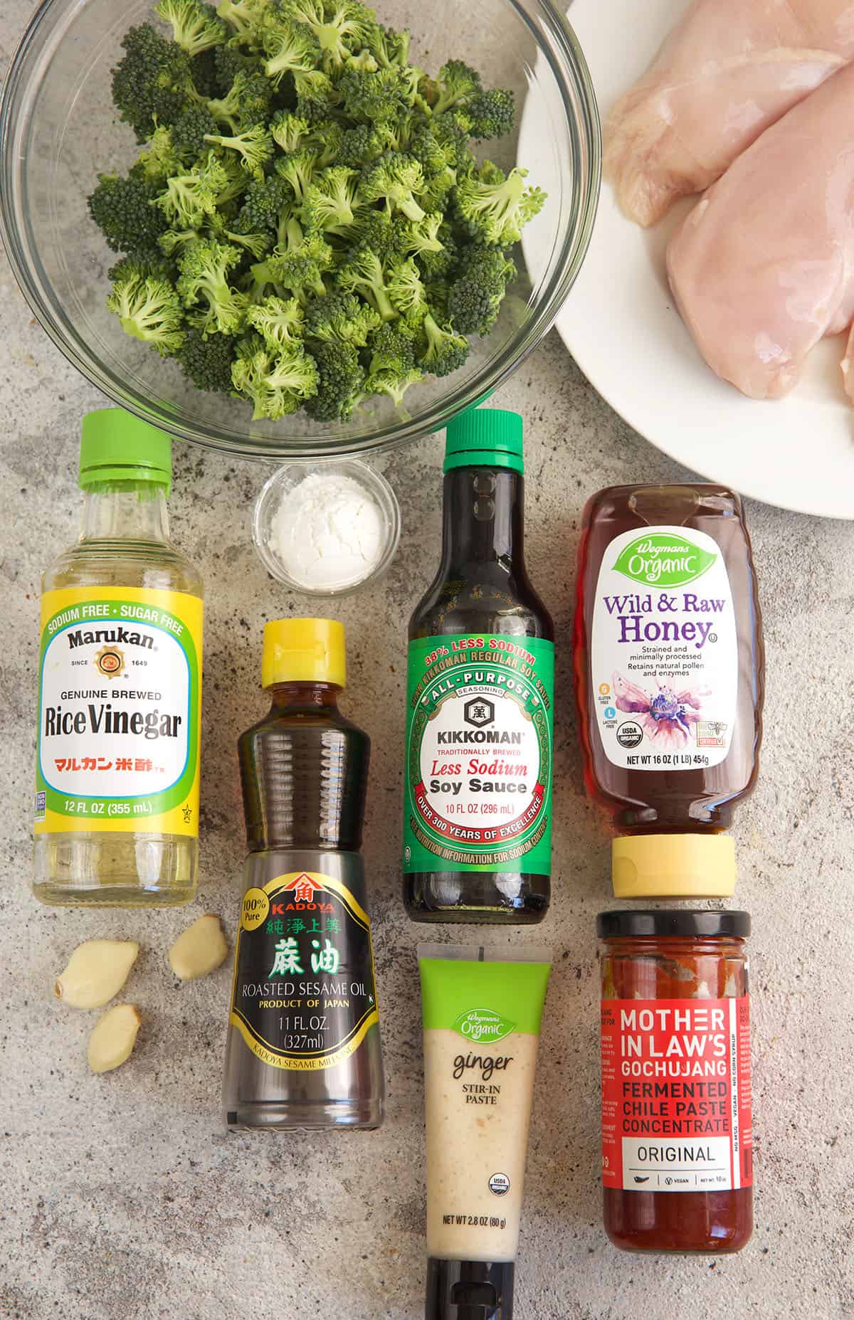 Overhead view of ingredients for chicken and broccoli stir fry