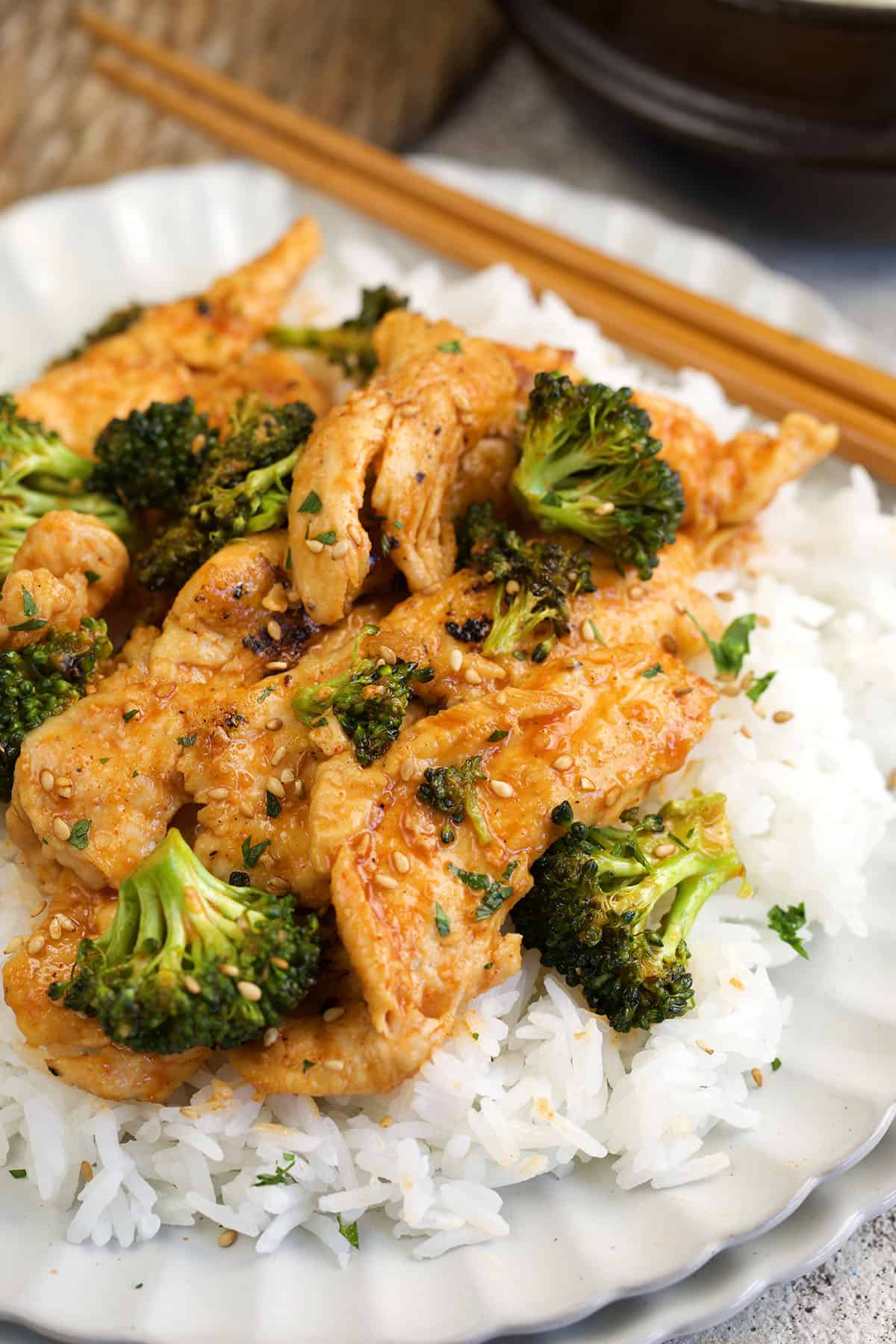 Chicken and broccoli stir fry over rice