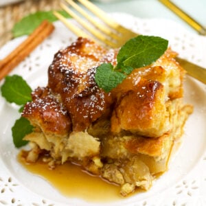 Serving of cinnamon apple French toast casserole on plate