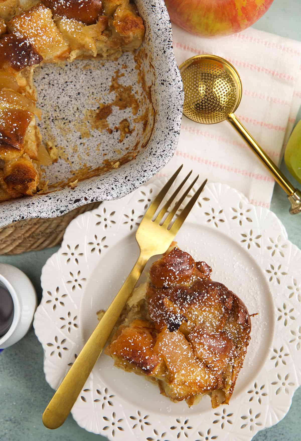 Overhead view of cinnamon apple French toast casserole on plate