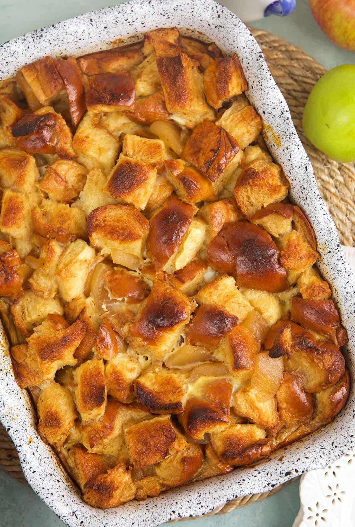 Overhead view of cinnamon apple French toast casserole in dish