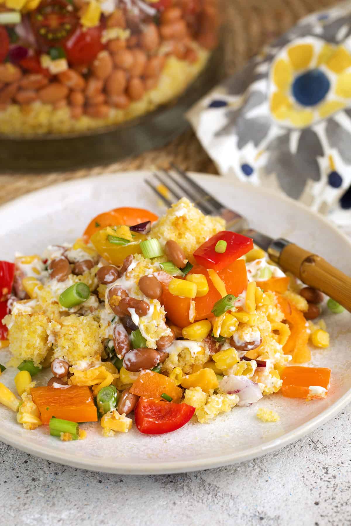 Portion of cornbread salad on plate