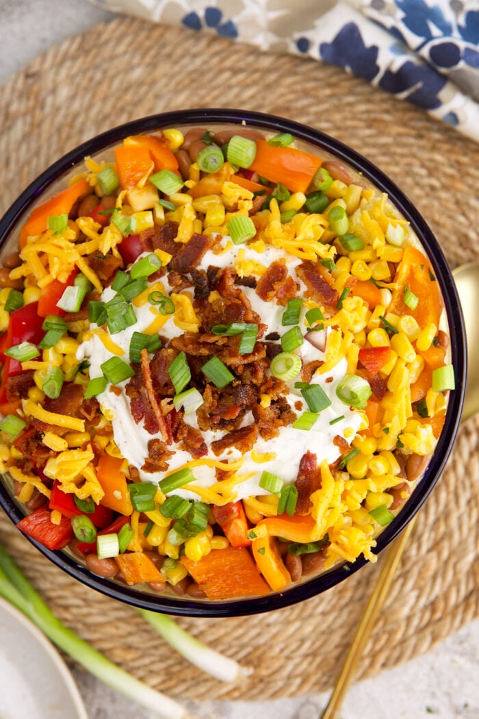 Overhead view of cornbread salad