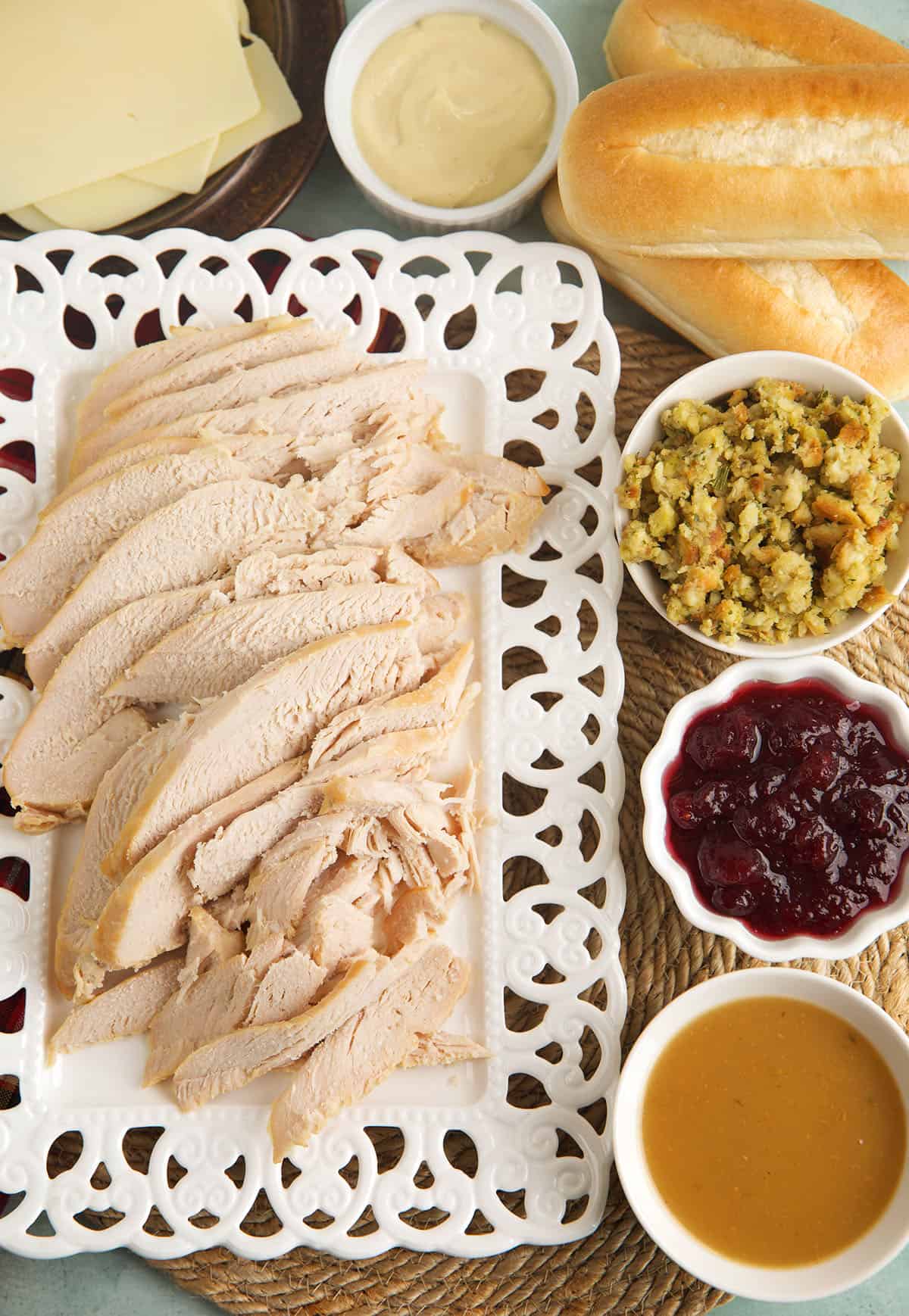 Overhead view of ingredients for Turkey Gobbler Sandwich