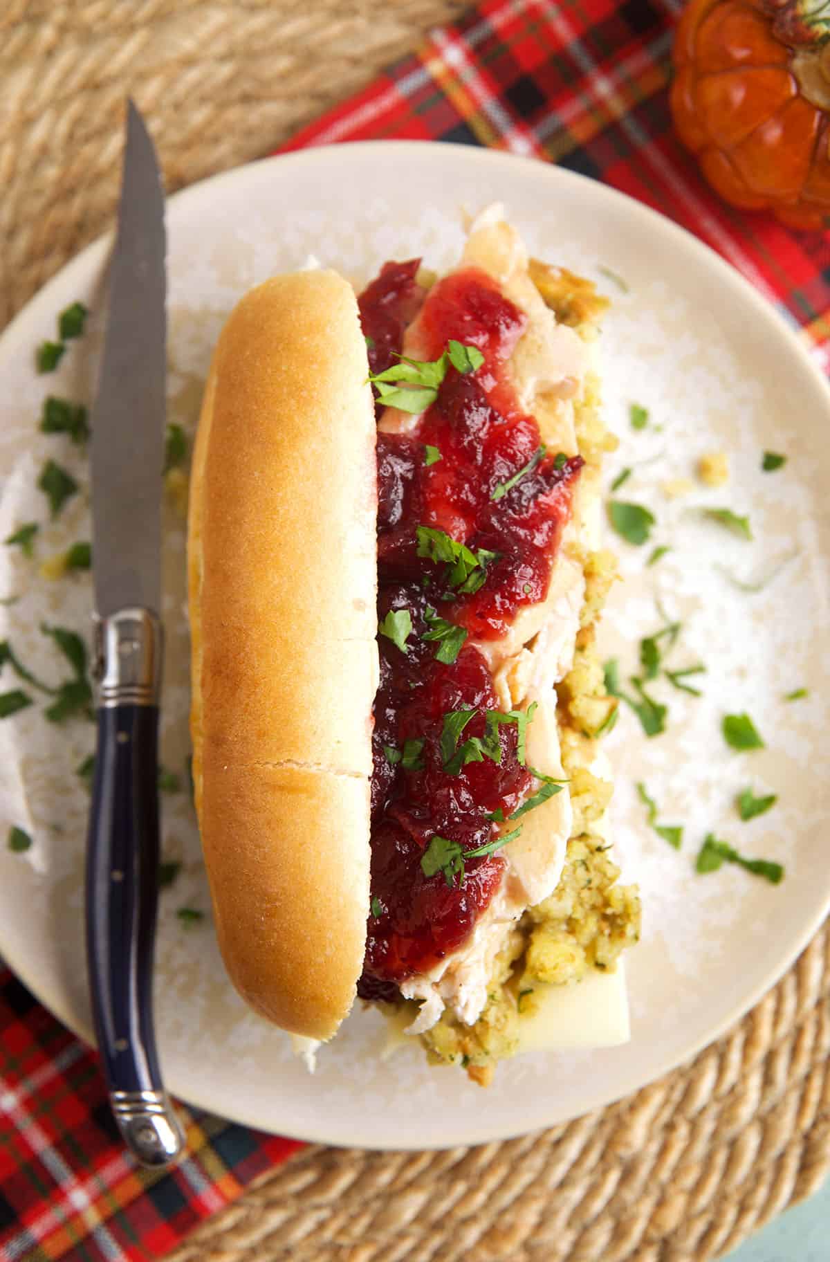 Overhead view of Turkey Gobbler Sandwich on plate