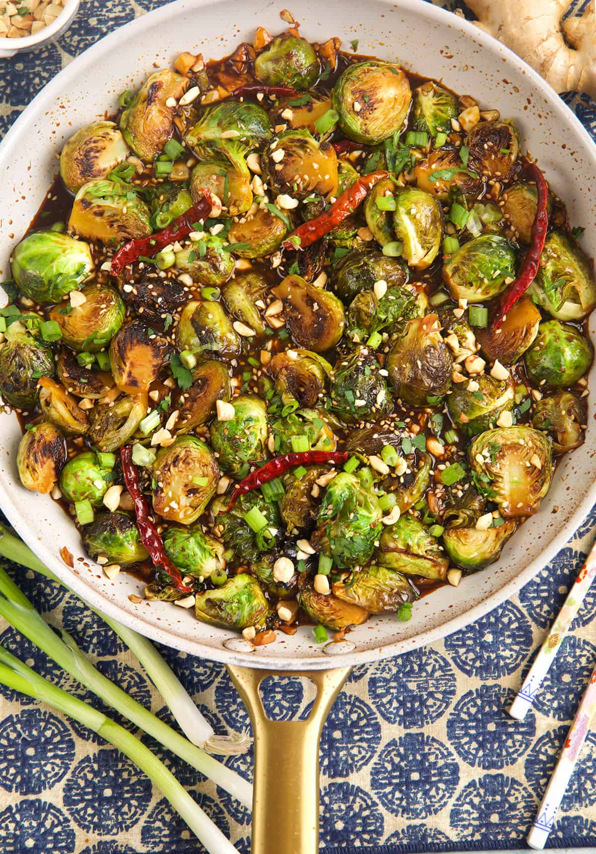 Skillet of kung pao brussels sprouts