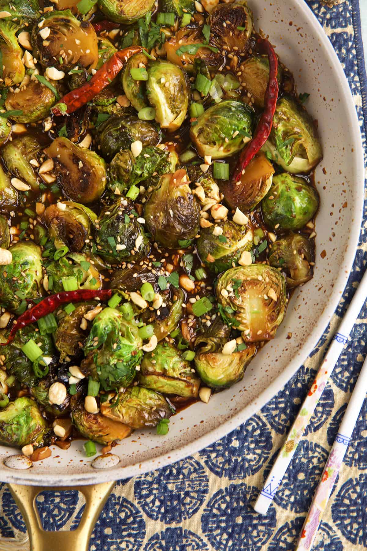 Overhead view of Kung pao brussels sprouts