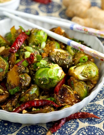 Kung pao brussels sprouts in bowl