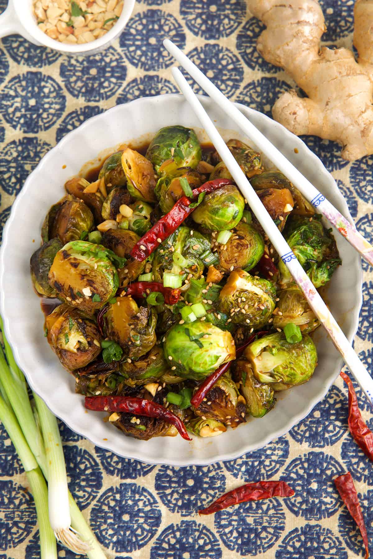 Overhead view of Kung pao brussels sprouts in bowl