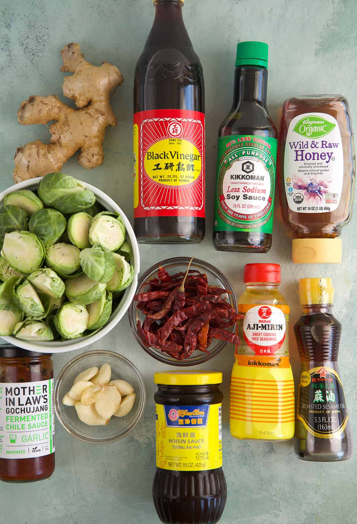 Overhead view of ingredients for Kung pao brussels sprouts