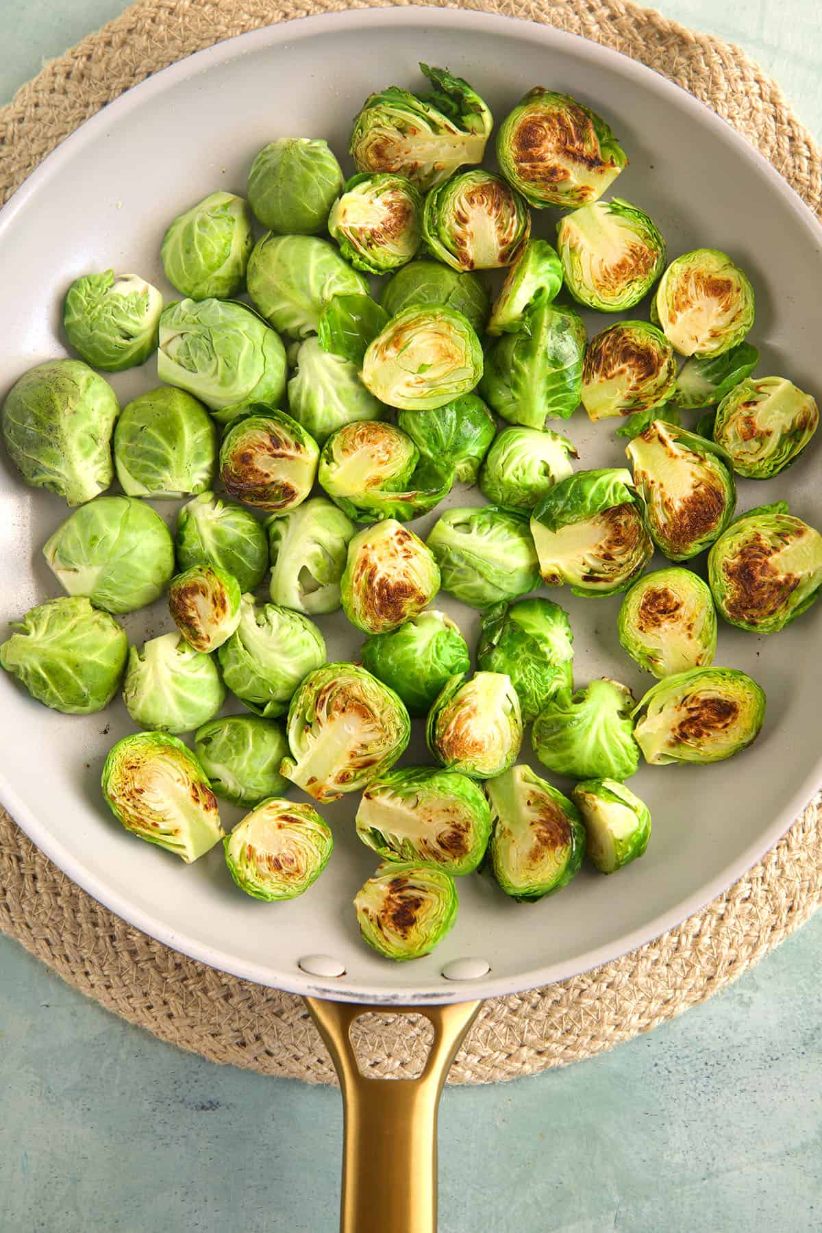 Seared brussels sprouts in pan