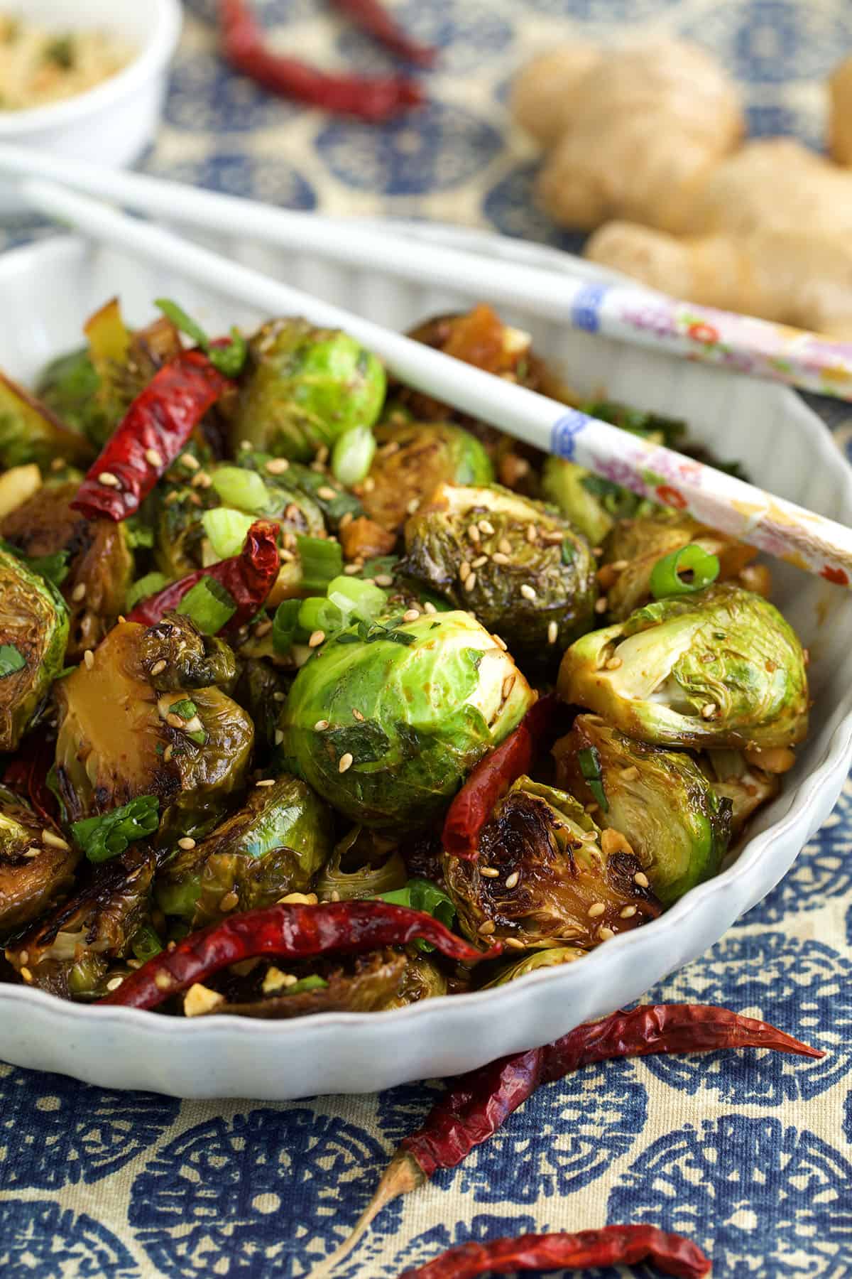 Kung pao brussels sprouts in bowl