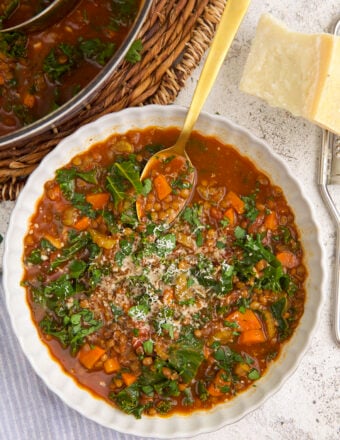 Overhead view of lentil soup in bowl