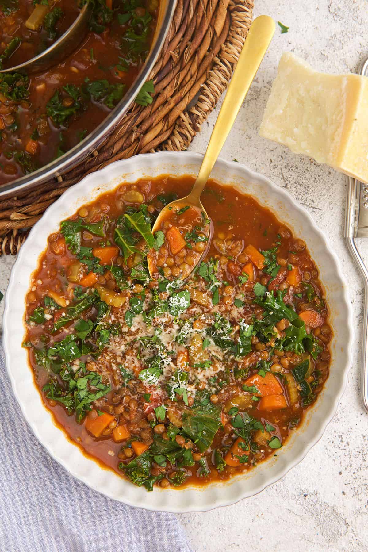 Overhead view of lentil soup in bowl