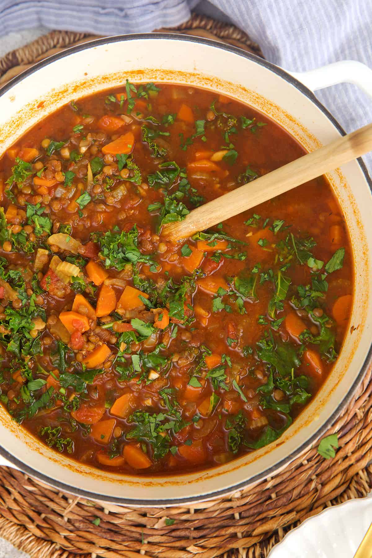 Overhead view of lentil soup in pot