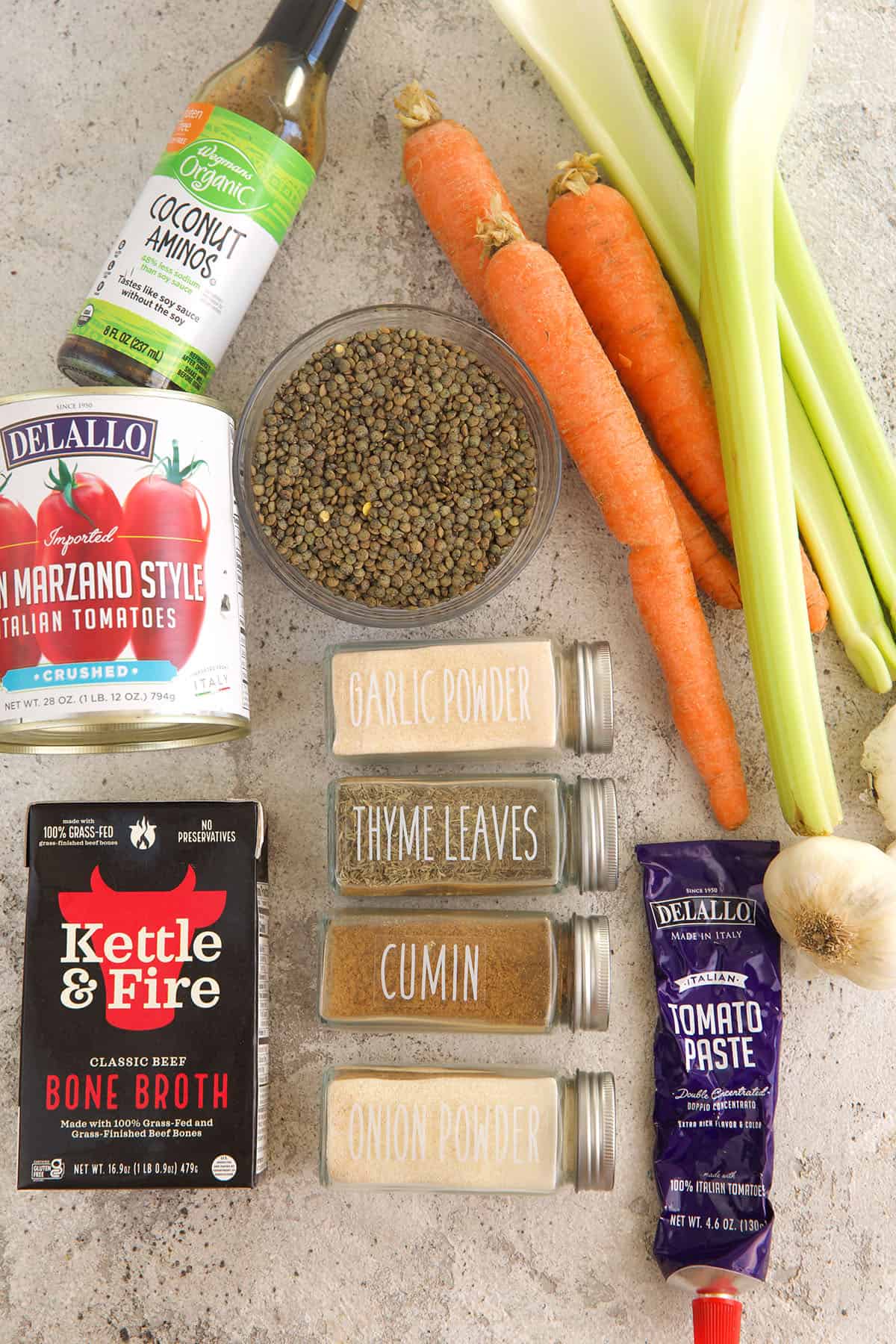 Overhead view of ingredients for lentil soup