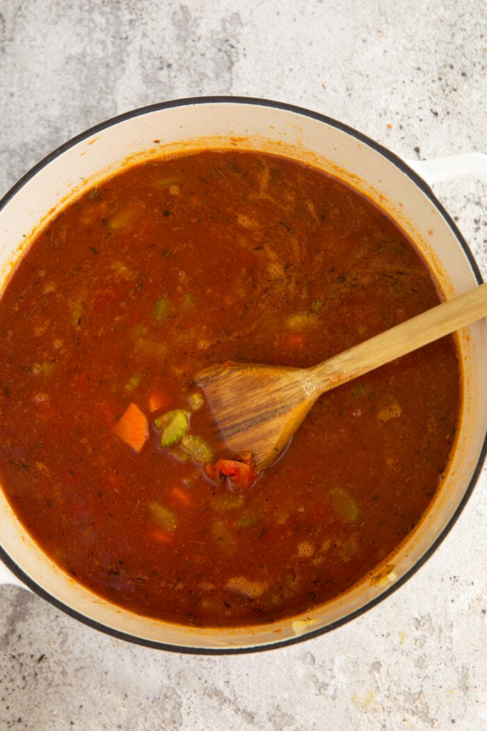 Overhead view of lentil soup in pot