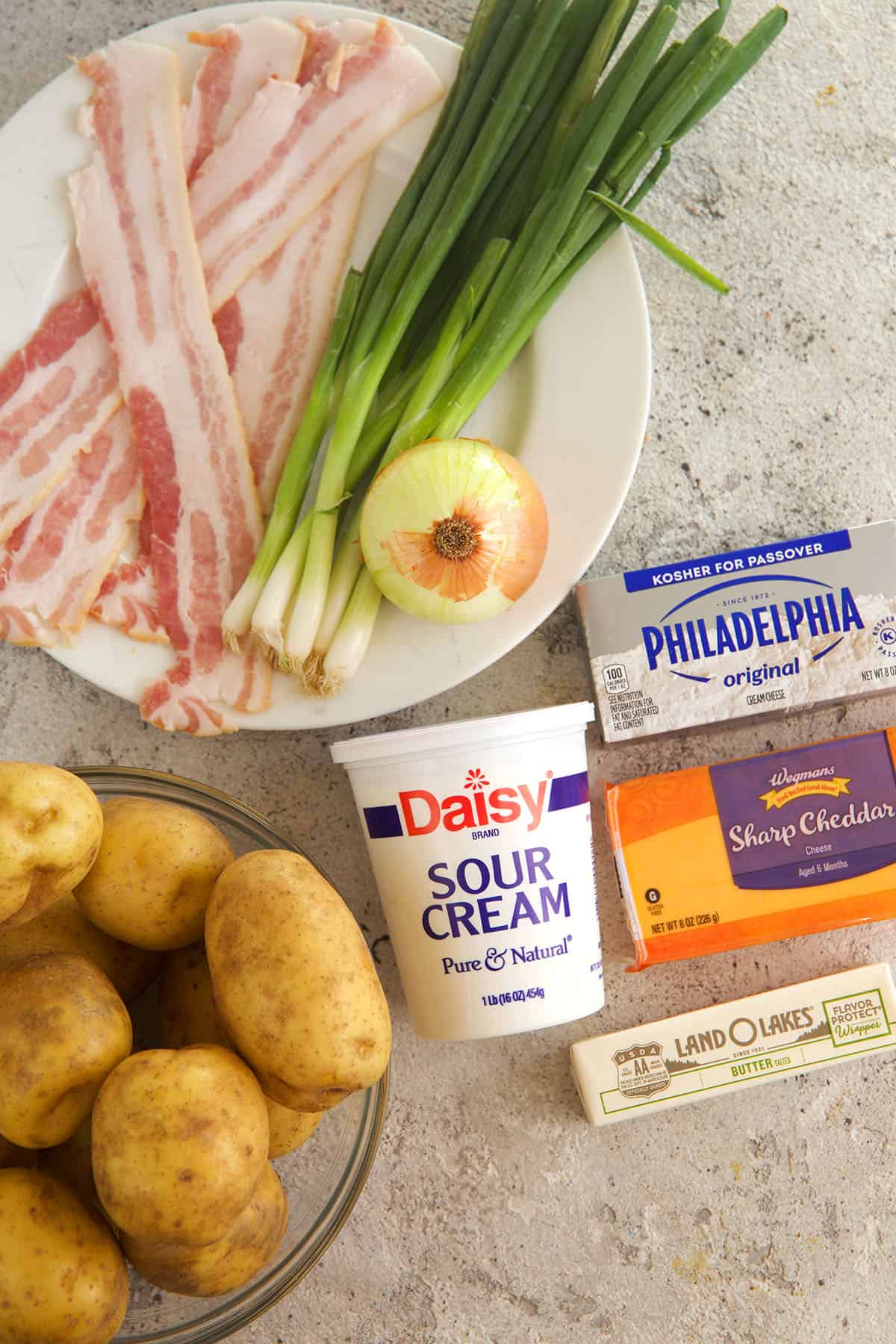 Overhead view of ingredients for loaded mashed potatoes