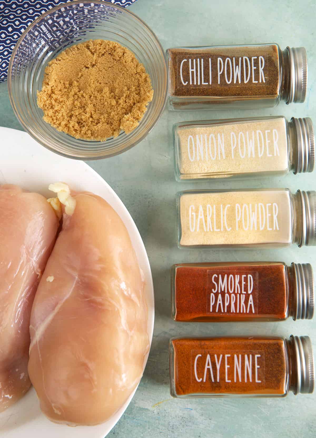 Overhead view of ingredients for air fryer chicken breast