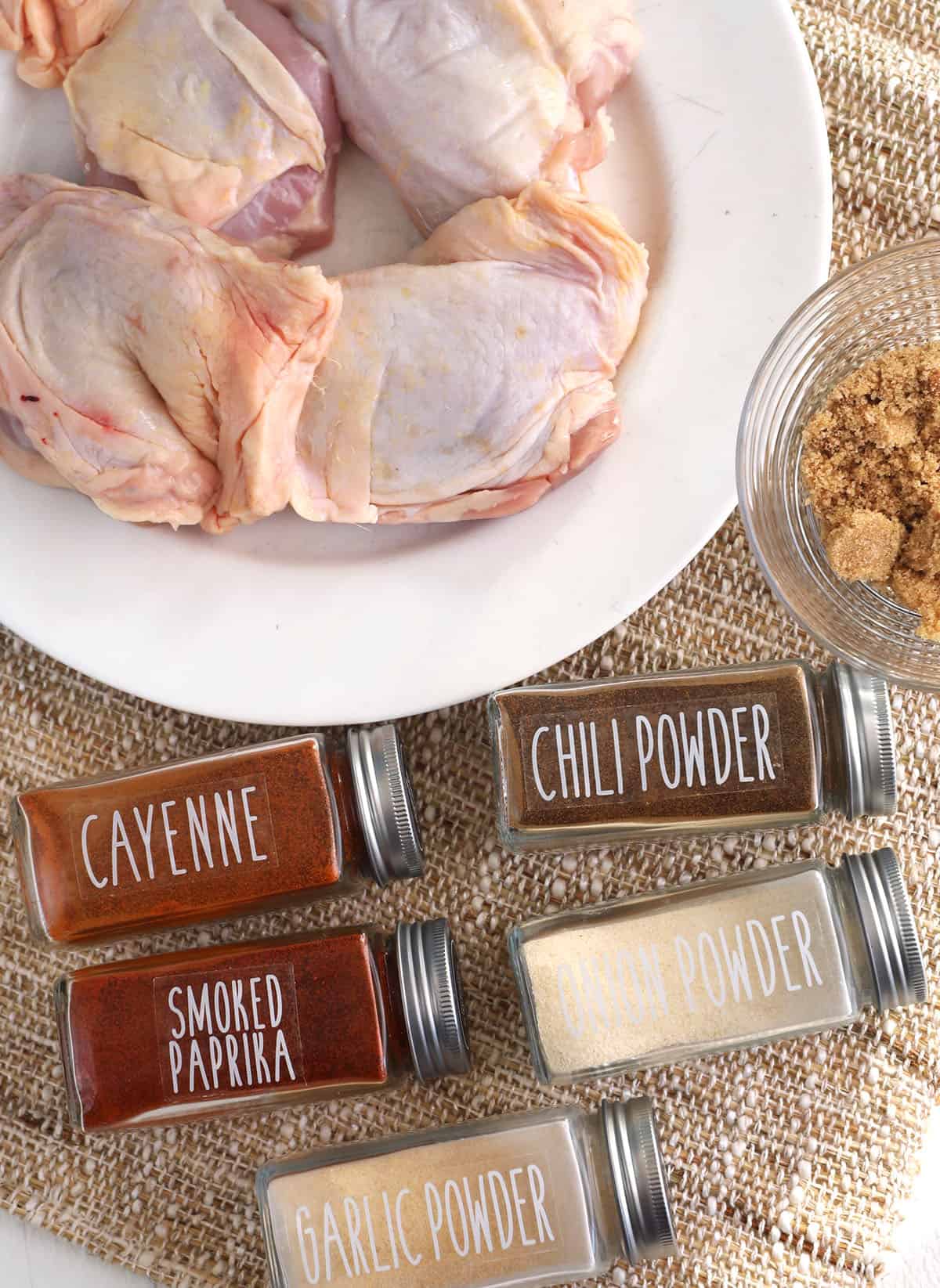 Overhead view of ingredients for air fryer chicken thighs