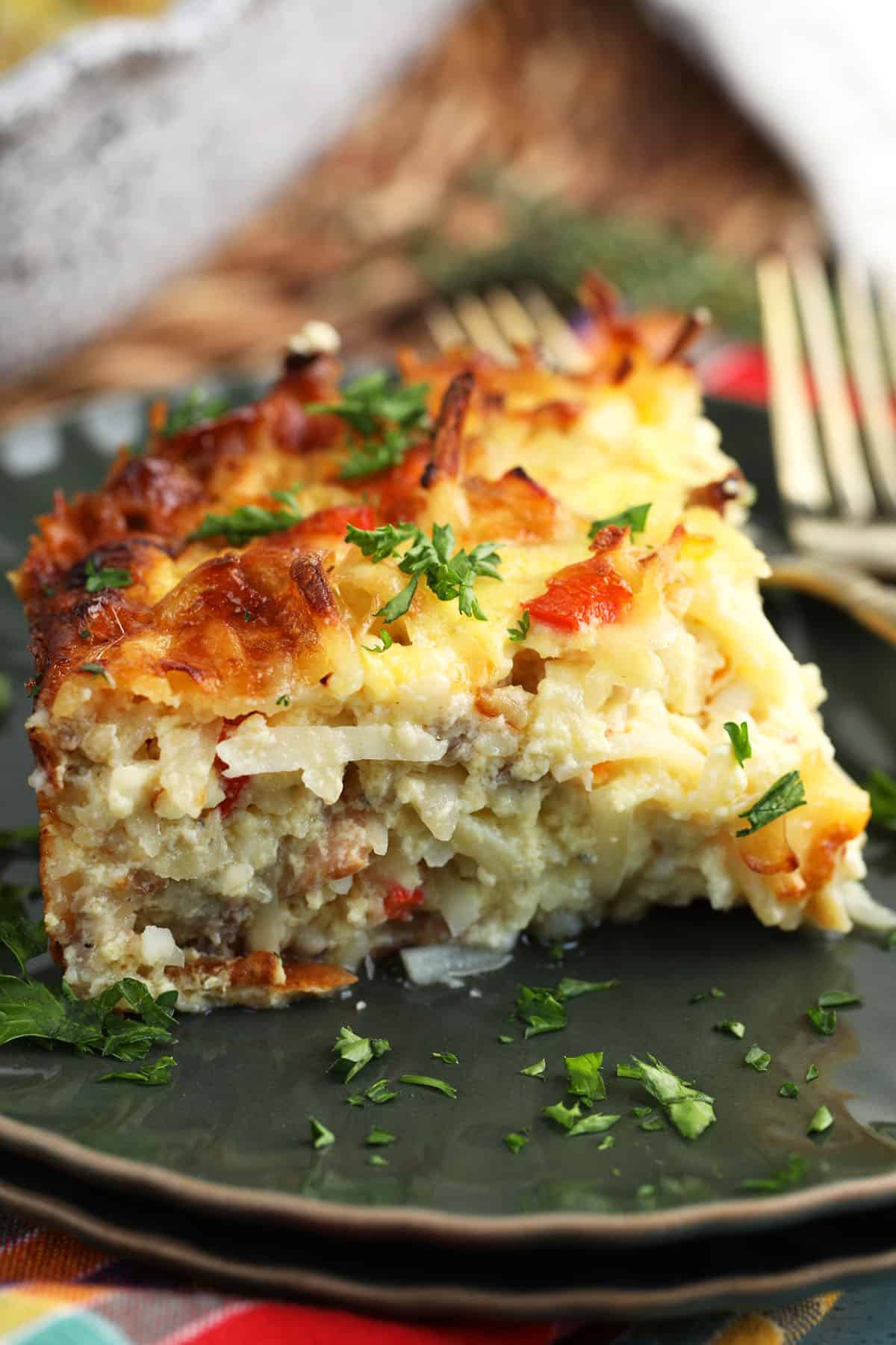 Closeup of Amish hash brown breakfast casserole on plate