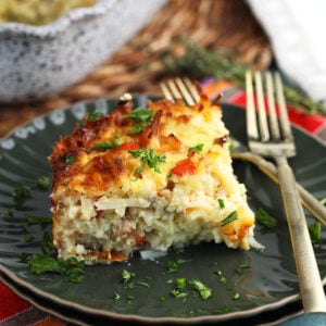 Amish hash brown breakfast casserole on plate with fork