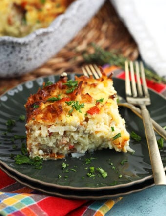 Amish hash brown breakfast casserole on plate with fork