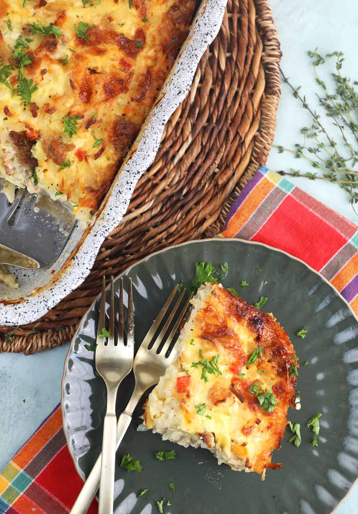 Overhead view of Amish hash brown breakfast casserole on plate