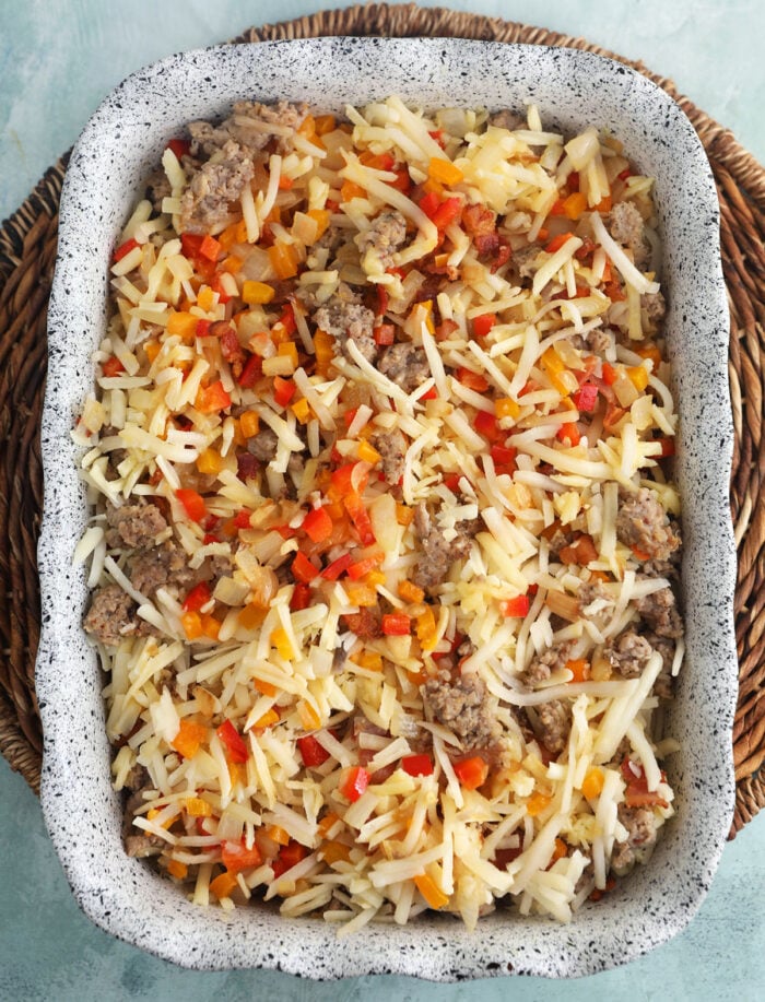 Amish hash brown breakfast casserole before baking