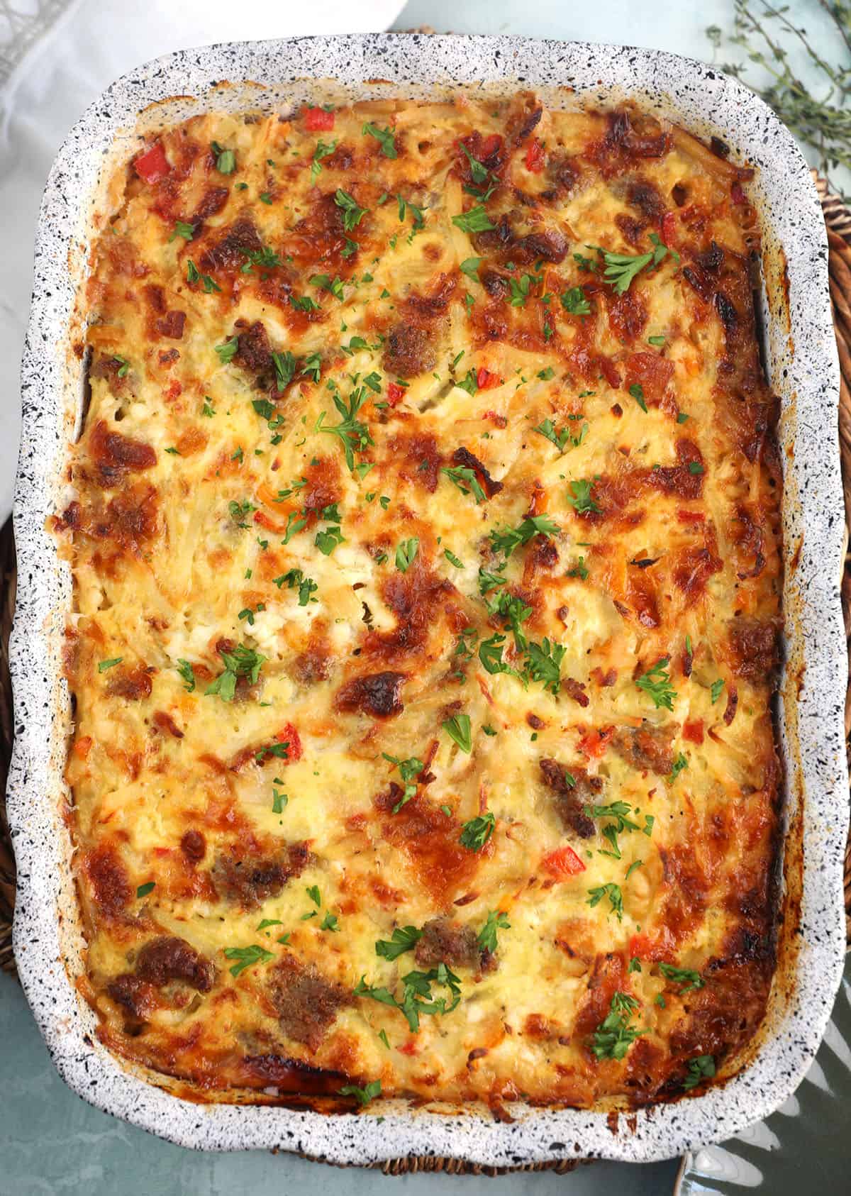 Amish hash brown breakfast casserole in dish