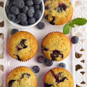 Overhead view of banana blueberry muffins on tray