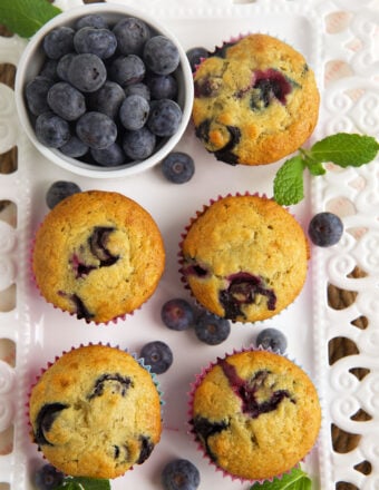 Overhead view of banana blueberry muffins on tray