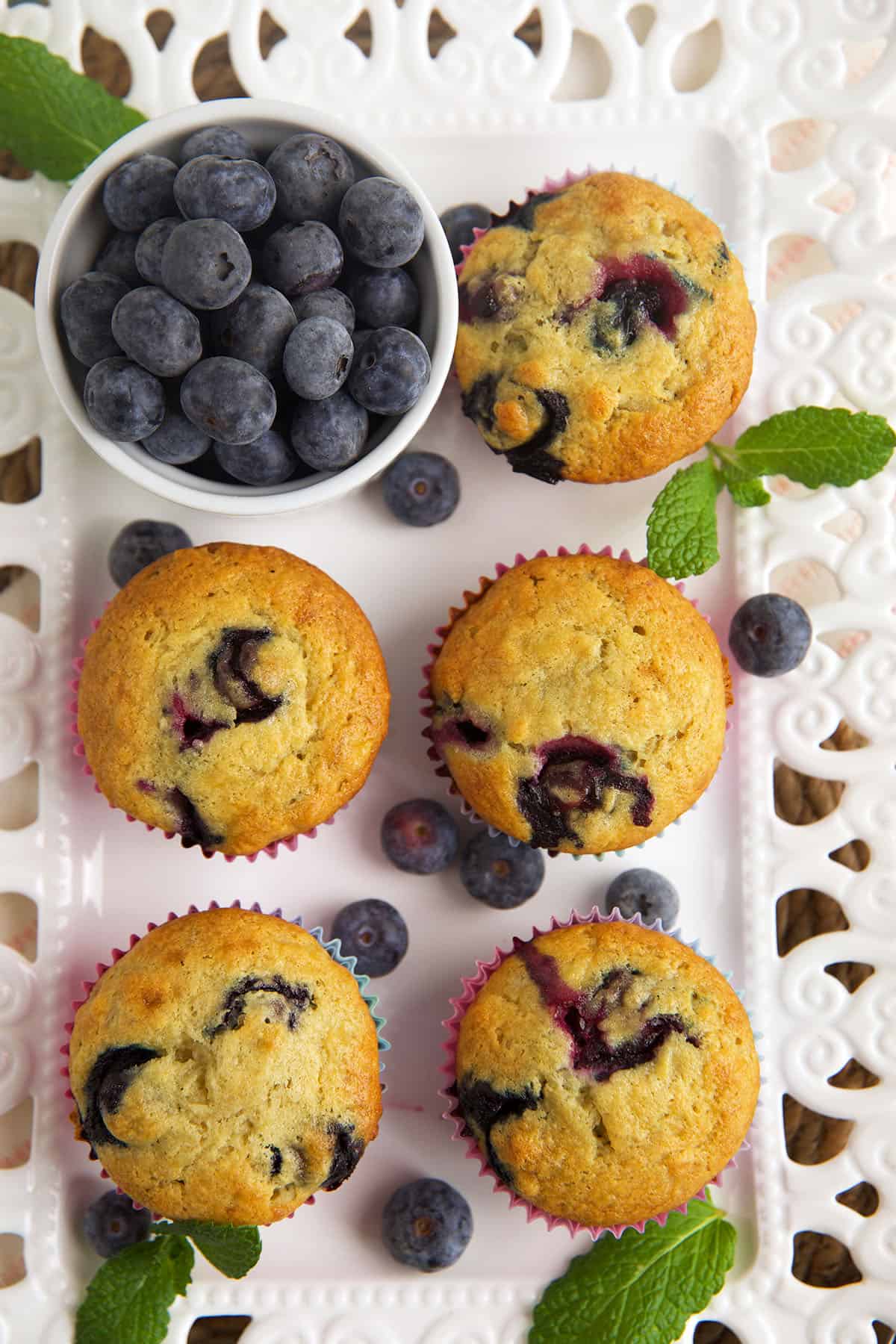 Overhead view of banana blueberry muffins on tray