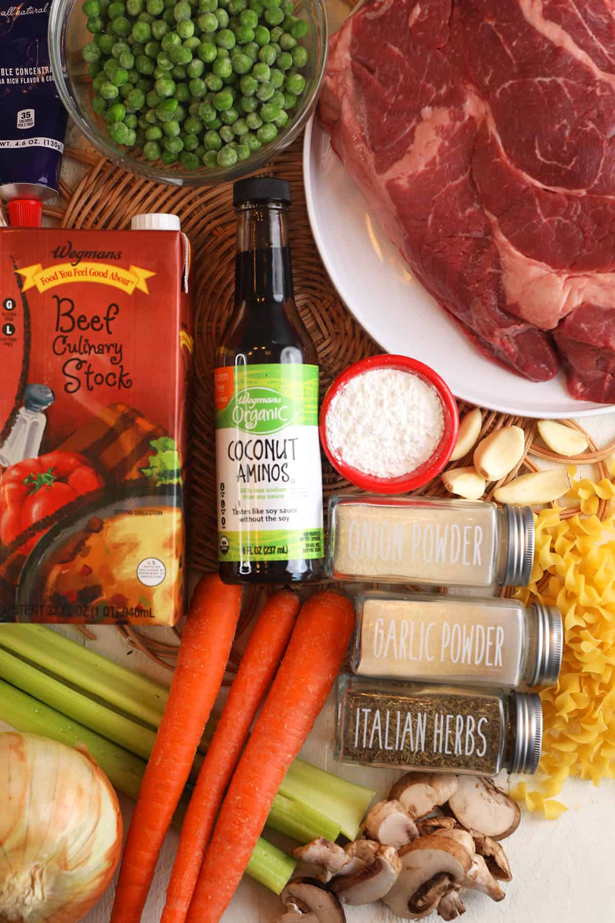 Overhead view of ingredients for braised beef noodle soup