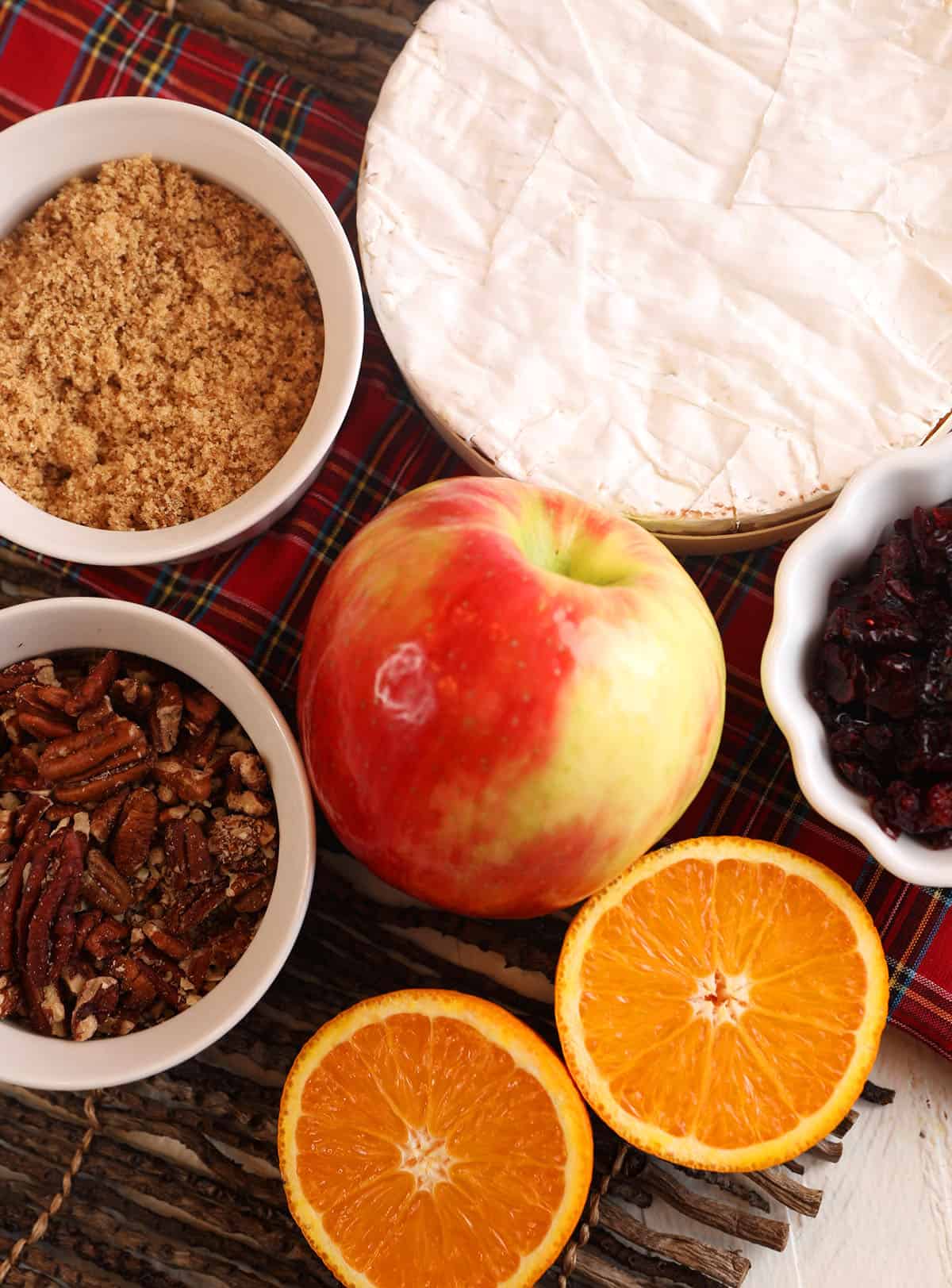 Overhead view of ingredients for brown sugar baked brie