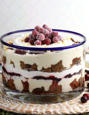 Homemade cranberry bliss cheesecake trifle in dish